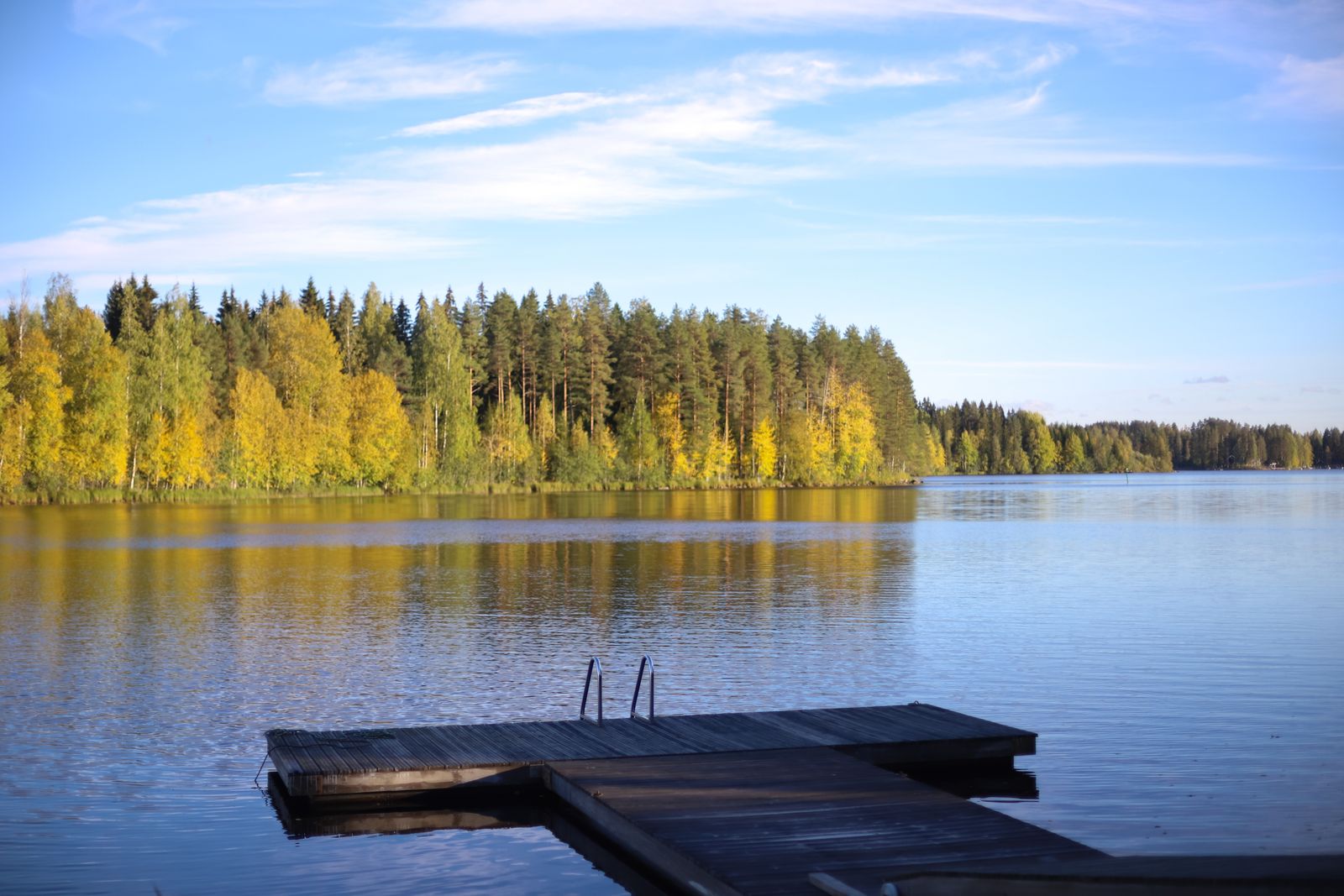Laituri tyynellä järvellä syksyisen metsän edessä